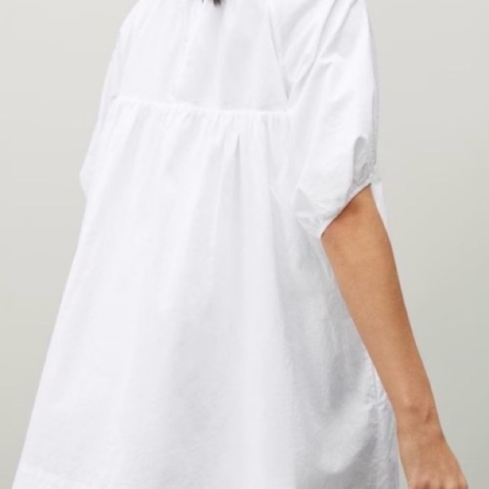 Everlane Shirred Mini Dress Women Large White Poplin Resort Minimalist Classic - Picture 3 of 10